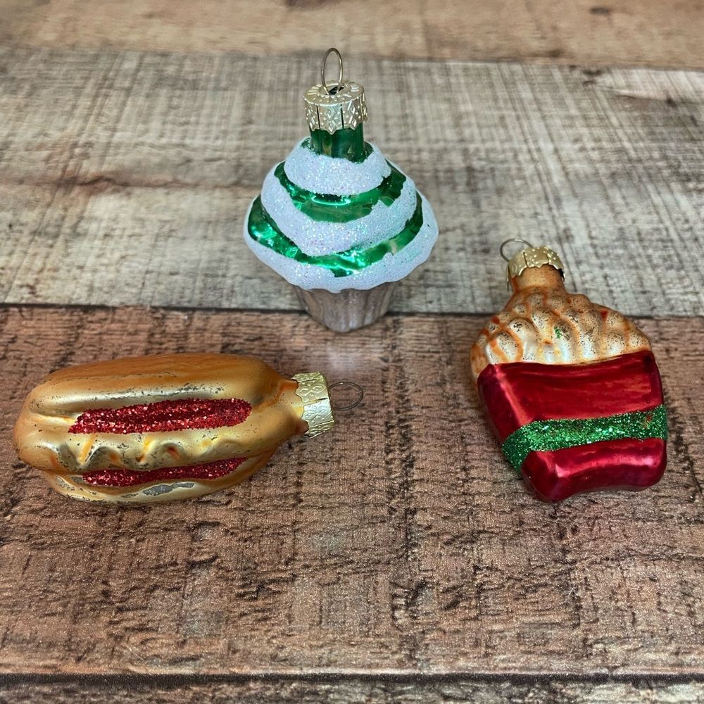 Set Of 3 Mini Blown Glass Food Christmas Ornaments: Hot Dog Cupcake French Fries